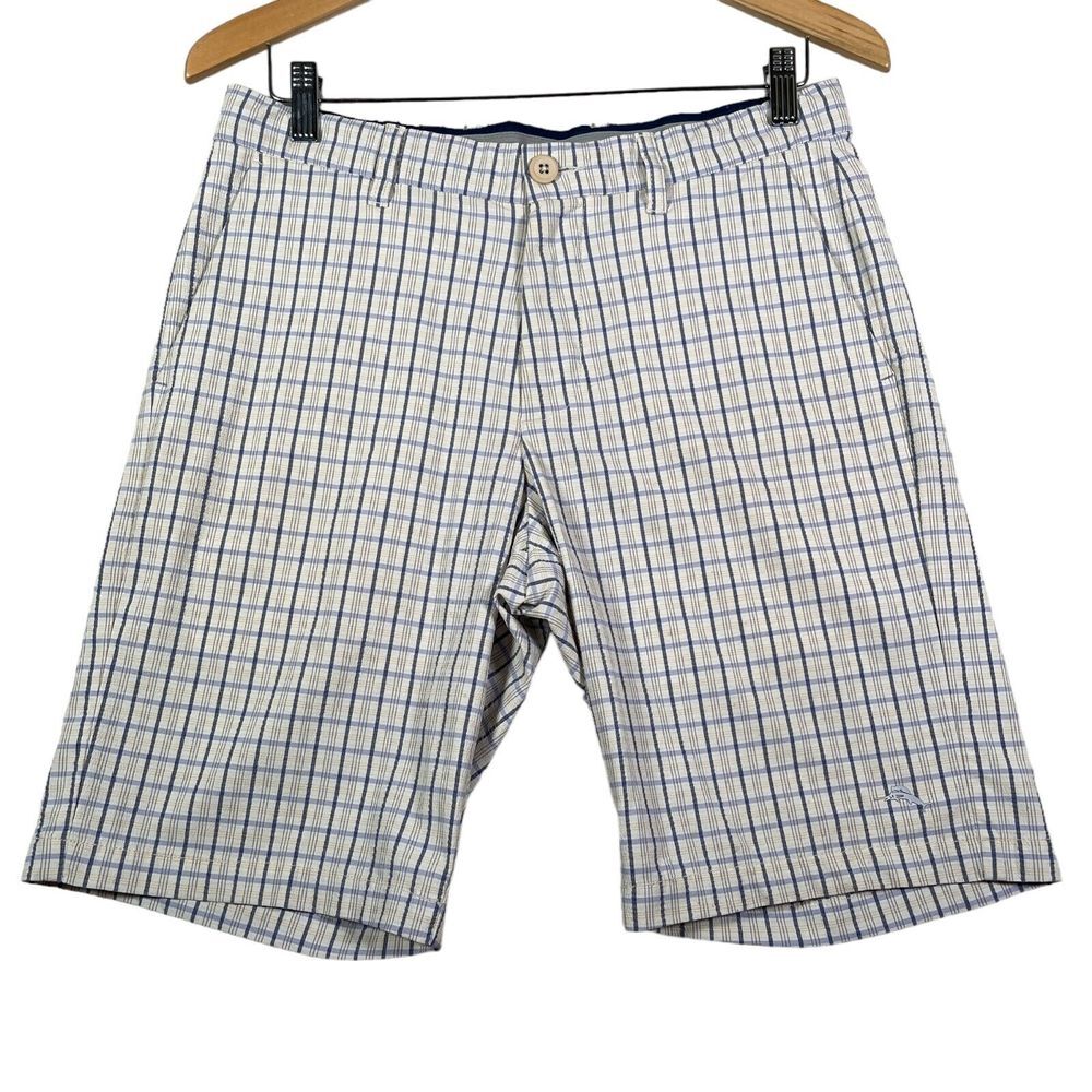 Tommy Bahama Shorts Mens 30 Blue Plaid Performance Flat Front Chino Golf 11"